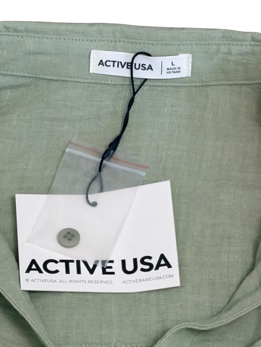 Active USA Two-Piece Button-Up Shirt and Elastic Waist Shorts Set in Sage Green,